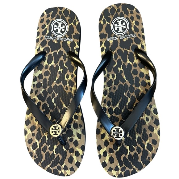 Tory Burch Black Tan Leopard Print Thong Flip Flops Cheetah Gold-tone Logo - Picture 1 of 7